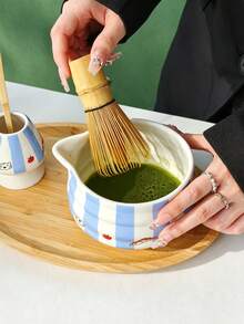 1pc/2pcs/4pcs/5pcs Minimalist Blue Striped Matcha Set, Includes Matcha Bowl With Spout, Bamboo Matcha Whisk, Matcha Scoop, Whisk Stand, Stainless Steel Sifter (For Matcha Tea Ceremony), Gift - Multicolor - View 4