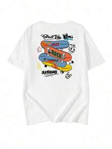 Camiseta de manga corta estilo japonés para mujer, corte holgado, cuello redondo, informal, versátil, con estampado de letras y patinetas, primavera/verano - Blanco - Ver 5