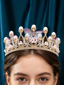 1pc Women's European Style Party Ball Crown Birthday Party Adult Wedding Photoshoot Alloy Rhinestone Bridal Tiara Headband, Zinc Alloy Headband With Sparkling Letter Design, Crystal Inlaid Dazzling And Eye-Catching, Lightweight Material For Comfortable Wear, Elegant And Romantic For Wedding Occasions, Become The Center Of Attention, Bride's Crown, Wedding Crown - Thin Sand Butterfly Gold 005 - View 6