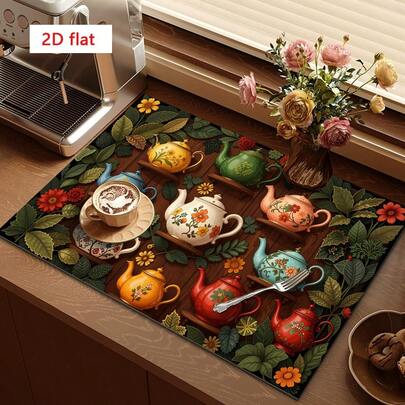 1pc Vintage Colorful Teapot & Leaf Pattern Dish Drying Mat, Highly Absorbent, Suitable For Dining Table And Cafe, Multipurpose Drainage Pad, Home Gift, Desktop Decor