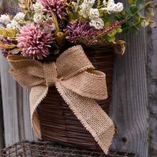 1pc Retro Hanging Flower Basket, Woven Rattan Flower Basket With Blue Ribbon Bow, Portable Wall-Mounted Flower Basket For Home, Garden, Kitchen, Bathroom Decor - Brown - View 9