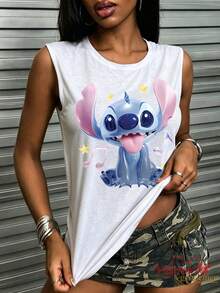 Disney Lilo & Stitch Cute Print Sleeveless Tank Top Unisex Summer Casual Travel Loose Vest - trắng - Xem 1