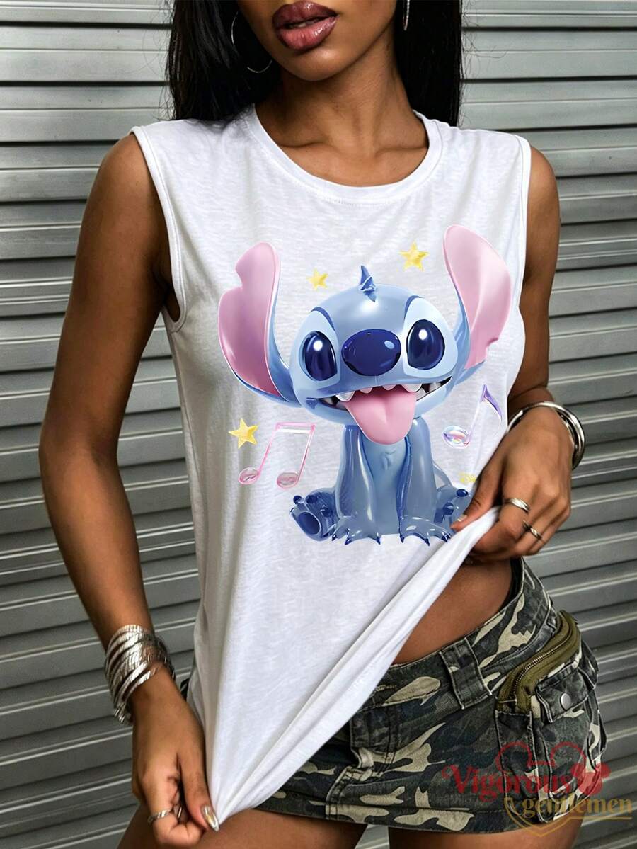 Disney Lilo & Stitch Cute Print Sleeveless Tank Top Unisex Summer Casual Travel Loose Vest - trắng - Xem 1