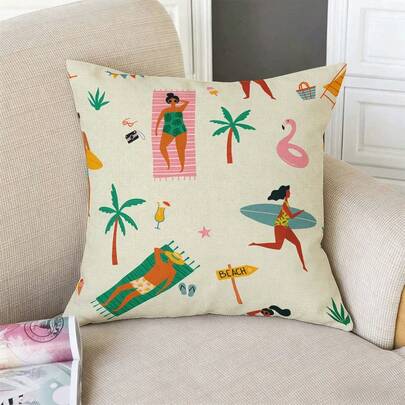 Summer Beach Pattern Linen Pillow Cover 18x18 Inch, Single-Sided Print, No Pillow Insert, Tropical Vacation Themed Decorative Cushion Case