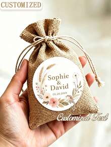 Personalized Bohemian Style Wedding Stickers, Customizable Name And Date Round Labels, Watercolor Feather Grass And Rose Design, Perfect For Wedding Favors, Envelopes And More - Multicolor - View 1