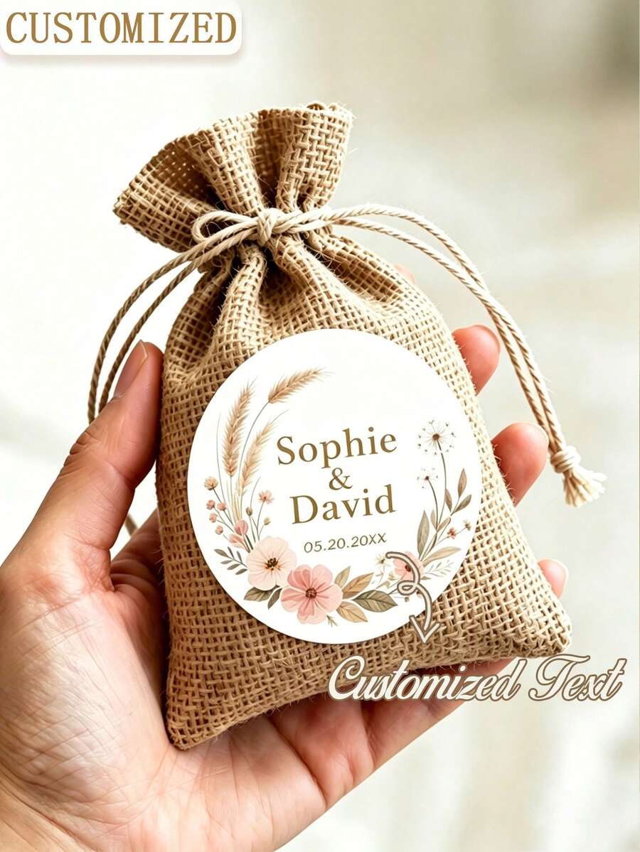 Personalized Bohemian Style Wedding Stickers, Customizable Name And Date Round Labels, Watercolor Feather Grass And Rose Design, Perfect For Wedding Favors, Envelopes And More - Multicolor - View 1