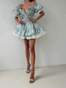 Women's Blue Ditsy Floral Sexy Cute Romantic Countryside Sweet Off-Shoulder Contrast Color Lace Patchwork Tie Waist Mini Dress, Suitable For Daily Outing, Dating, Vacation, Street Photography And Various Occasions, Spring/Summer Elegant - Baby Blue - View 2