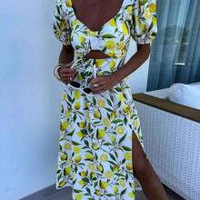 Chic Women's Lemon Print Long Dress With Deep V Neck, Short Regular Sleeves, And Backless Cut-Out Detail, Perfect For Spring And Summer Outfits - 檸檬黃 - 查看 1