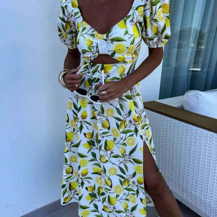 Chic Women's Lemon Print Long Dress With Deep V Neck, Short Regular Sleeves, And Backless Cut-Out Detail, Perfect For Spring And Summer Outfits - 檸檬黃 - 查看 1