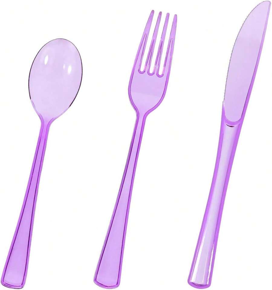 HEIPINIUYE 75 Pack Clear Purple Plastic Cutlery Heavy Duty Red Plastic Knives Forks And Spoons Disposable Silverware Set For 25 Guest Camping Birthday Baby Shower Party Cutlery Set - ColorY - View 1