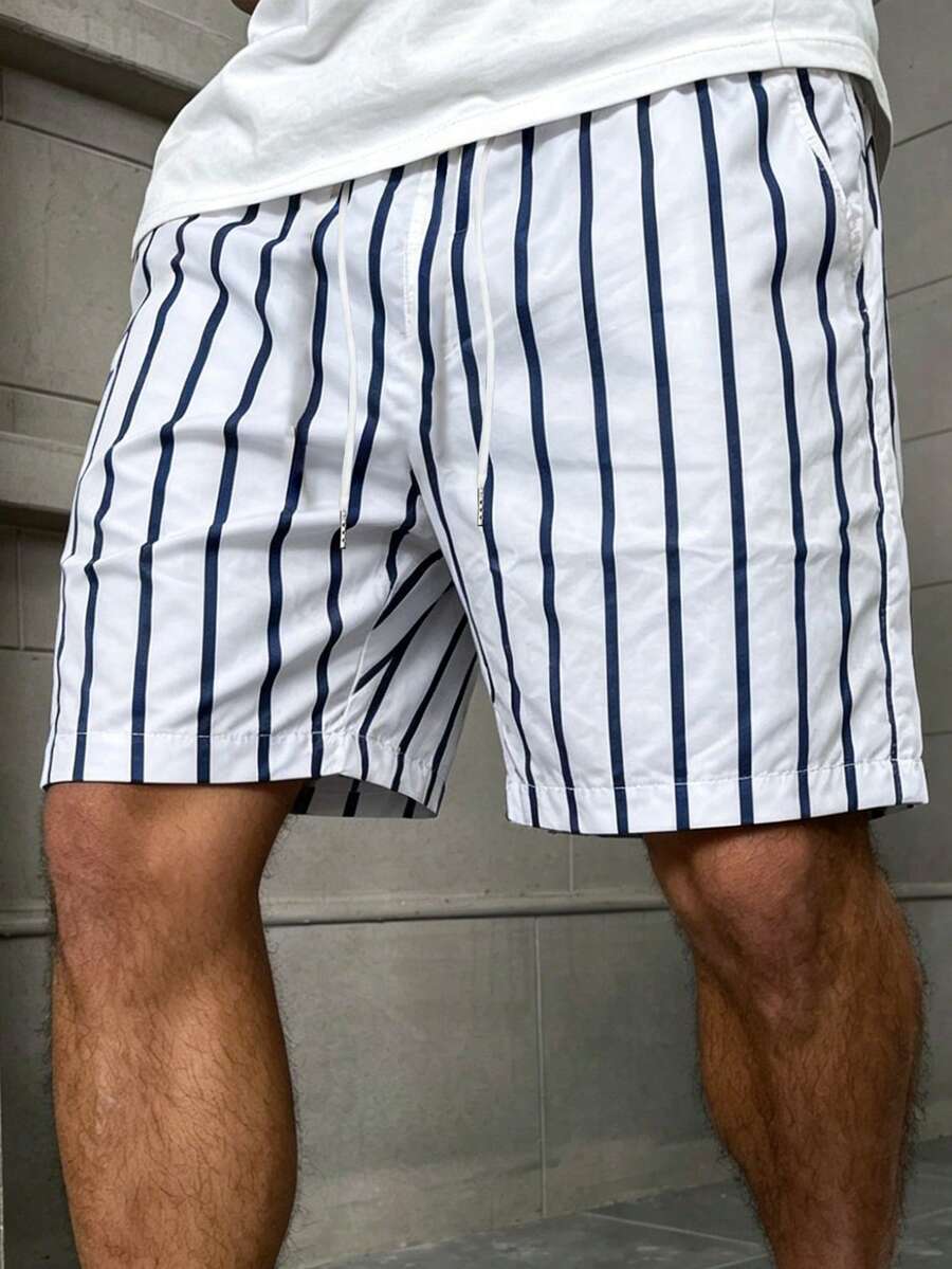 Men's Blue & White Striped Beach Shorts, Casual Daily Wear & Vacation - Black and White - View 1