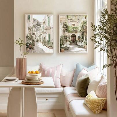 Italy Village Courtyard Landscape Wall Art Print Set Of 2, Mediterranean Italian Art, Vintage Romantic Cafe Poster, Muted Colors Wall Art For Home Decor, No Frame