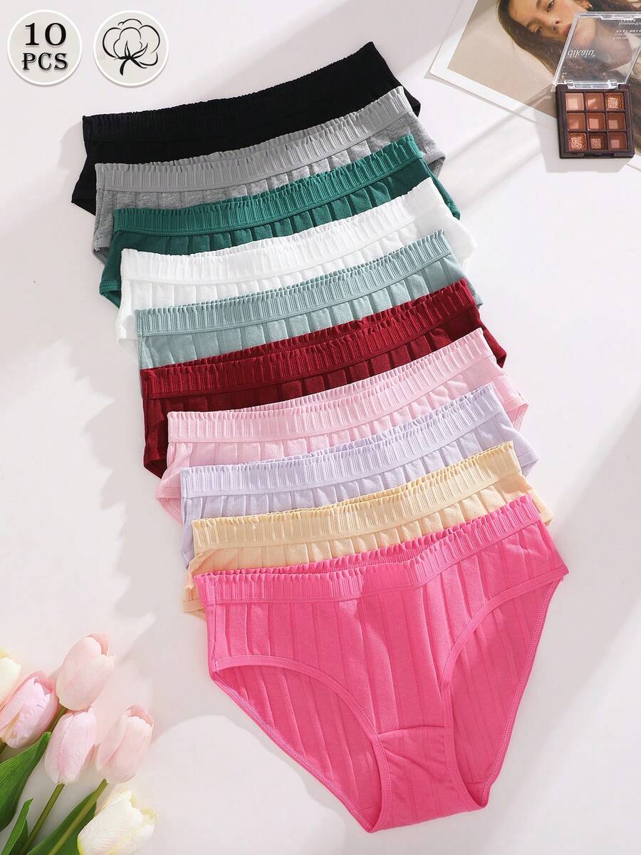 10Pcs Solid Color Ribbed Cotton Mid-Rise Triangular Women's Briefs Soft Breathable Daily Underwear - Nhiều màu - Xem 1