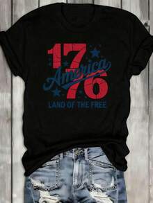 1 camiseta American Freedom 1776, camiseta blanca de cuello redondo, camiseta de mujer America 1776 – Camiseta vintage con efecto desgastado y gráfico de estrellas, cuello redondo, top casual para el 4 de julio. | Moda Urbana Local de Primavera/Verano | | Uso Casual Diario Primavera Verano Moderno Moldeador | Conjunto de verano para mujer, ropa para vacaciones | Blusas elegantes para mujer, ropa de primavera, blusas de verano. - Negro - Ver 4