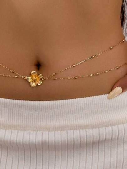1 pieza Cadena para la cintura de mujer, cadena con cuentas con forma de flor de cinco hojas de metal dorado, cadena sexy para la cintura, elegante encanto, adecuada para la playa, accesorio de bikini (cuentas aleatorias)