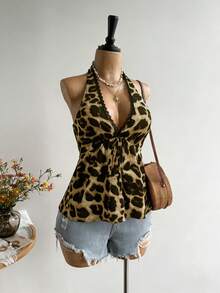 Rusttydustty Camiseta sin espalda de cuello en V para mujer, top casual de estampado de leopardo para vacaciones, estilo bohemio, adecuado para festivales de música en verano - Marrón - Ver 6
