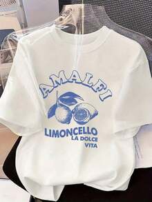 Women's Loose-Fitting Italian Holiday Style T-Shirt, Quick-Drying And Breathable, With A Round Neck And "Amalfi Lemon Wine Sweet Life" Print With Lemon Design, Viral Coastal Girl Aesthetic Style, Suitable For Beach Holidays, Cruises, Trips To Italy And As A Swimsuit Cover-Up, Casual White Color. - 白色 - 查看 1