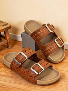 Brown Hollow Breathable Kids Slides, Double Metal Buckle Anti-Slip Sole, Vintage Home Casual Sandals - Brown - View 4