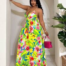 Veslaya Spring/Summer New Arrival Daily Wear, Birthday, Casual, Vacation, Beach, Travel, Tropical Floral Print High Waist A-Line Sleeveless Plus Size Dress,Beach Dress Sundress,Holiday Outfits Boho - Multicolor - Ver 6