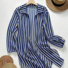 Swim  Women's Blue & White Striped Jacquard Fabric Open Front Shirt Collar Kimono Cover-Up, Spring/Summer - Blanco y Negro - Ver 5