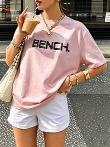 Áo thun in chữ BENCH, áo thun in họa tiết tối giản, áo tay ngắn phong cách đường phố thường ngày, áo thiết yếu mùa hè. - Hồng - Xem 1