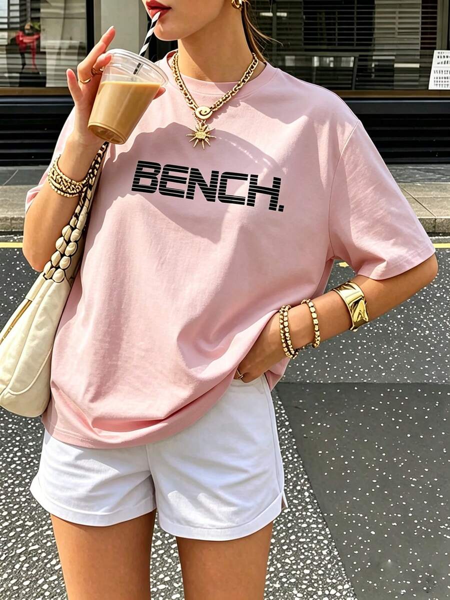 Áo thun in chữ BENCH, áo thun in họa tiết tối giản, áo tay ngắn phong cách đường phố thường ngày, áo thiết yếu mùa hè. - Hồng - Xem 1
