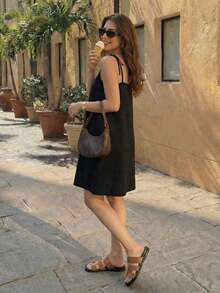 Vestido Casual de Tirantes con Lazo en los Hombros, Cuello Cuadrado y Diseño Holgado, Perfecto para Look de Verano y Eventos Nocturnos - Negro - Ver 5