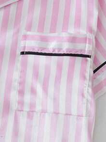 2-Piece Satin-Trimmed Short-Sleeve Top And Bow-Tie Striped Shorts Pajama Set, Women's Summer Home Wear Pajamas, Casual - 粉色 - 查看 6
