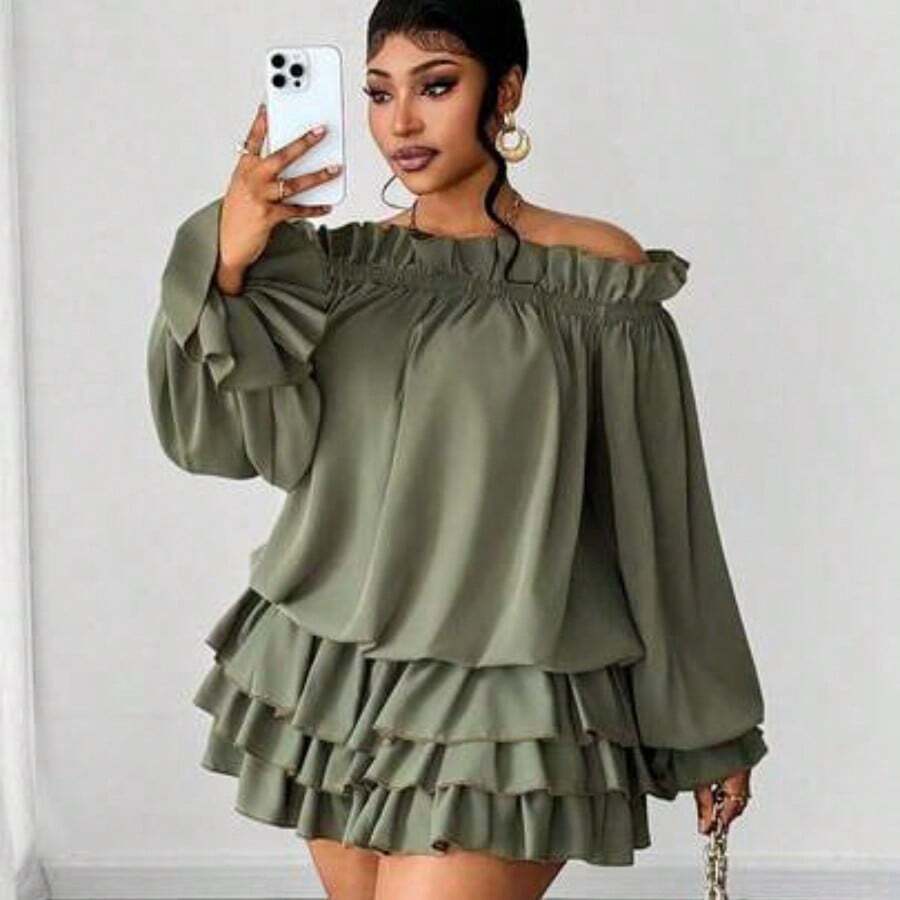 Maweii Plus Size Elegant Solid Color Off-Shoulder Ruffle Hem Dress - Verde militar - Ver 1