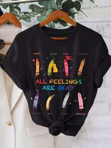 Women's Letter Print T-Shirt 2026 - Casual Short Sleeve Crew Neck Top With Alphabet (For Example: A, B, C, D, E, F, G, H, I, J, K, L, M, N, O, P, Q, R, S, T, W) - Machine Washable Blouse And T-Shirt For Everyday Wear - 黑色 - 查看 7