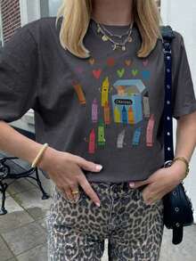 Women's Short-Sleeved, Round-Neck T-Shirt With Crayon Print, Casual Everyday Wear In White - Breathable High Quality - 深灰色 - 查看 2