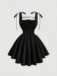 Vestido corto de tirantes para mujer, color beige cálido, diseño de lazadas en los hombros, espalda descubierta con cordones, falda acampanada, estilo romántico y favorecedor, ideal para citas, fiestas, vacaciones y salidas de tarde en primavera-verano - Negro 2 - Ver 2