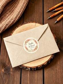 Personalized Bohemian Style Wedding Stickers, Customizable Name And Date Round Labels, Watercolor Feather Grass And Rose Design, Perfect For Wedding Favors, Envelopes And More - Multicolor - View 5