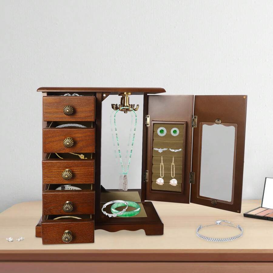 Dark Wood Color Vintage Jewelry Storage Box, Glass Top Multi-Drawer Retro Vanity Organizer, Soft Lint Lined Desktop Jewelry Case For Necklace Earring Ring Watch, Exquisite Mother's Day Gift For Women - Dark Wood Color - View 1