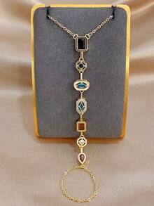1pc Gold-Plated Elegant Geometric Multi-Color Zirconia Chain Bracelet With Ring Finger Chain, Suitable For Women, Party, Daily, Christmas, Valentine's Day/Wedding - Multicolor - View 2