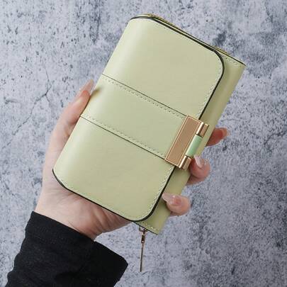 Light Luxury Women's Short Wallet, Fashionable, Large Capacity, Zipper And Clasp Closure, Solid Color, Suitable Students