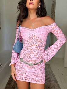 Vestido de falda corta de encaje de color sólido para mujer de primavera/verano, vestido corto estilo discoteca sexy - LYQ028rosa - Ver 4