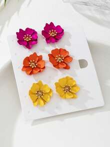 3 Pairs Cute, Delicate, Vibrant Dopamine Floral Stud Earrings For Women, Can Be Worn Individually Or Mixed And Matched, Versatile For Daily Wear/Gift - Multicolor - View 4