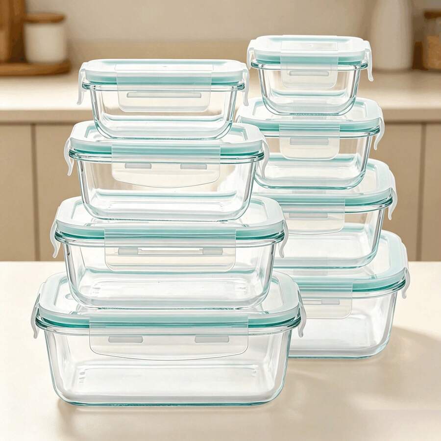 8 Piece Glass Food Containers With Airtight Lids, Reusable Lunch & Serving Boxes, Multi-Use Storage For Leftovers And Fresh Food, For Microwave Oven Freezer Dishwasher Kitchen Accessories