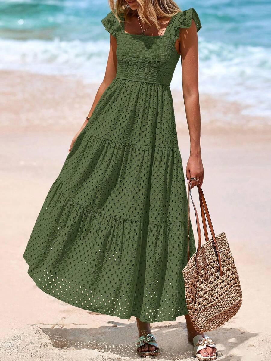 Women's Summer Square Collar Long Dress With Sleeve Cap Hole Eye Ruffles Layered A-Line Casual Vacation Long Skirt With Pockets - 軍綠色 - 查看 1