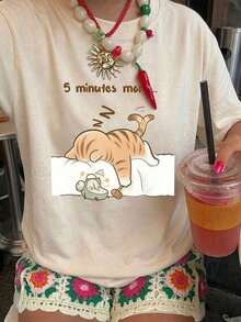 1 Piece Women's Short Sleeve Crew Neck Summer T-Shirt With "Sleeping Cat" English Letter Print, Suitable For Summer, Beach, Street, And Everyday Wear. Stylish Y2K Vacation Top, Casual Summer Outfit, Women's Holiday Wear. Pure-Cotton - 杏色 - 查看 7