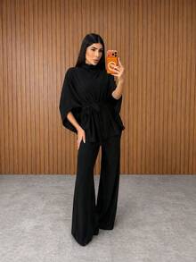 Women's Tailored Set With Wide-Leg Pants And Loose-Sleeved Blouse - Elegant Fashion Blogger  2026 - màu đen - Xem 1