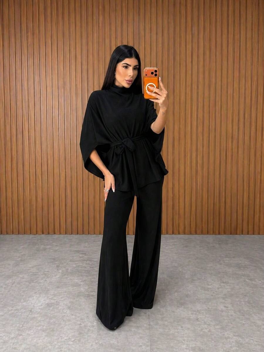 Women's Tailored Set With Wide-Leg Pants And Loose-Sleeved Blouse - Elegant Fashion Blogger 2026 - màu đen - Xem 1