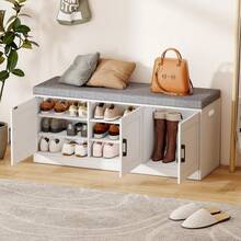 42.5 Inch 3-Tier Shoe Storage Bench With 3 Doors And Adjustable Shelf Large Capacity Entryway Bench With 2-Inch Thickened Padded Cushion For Hallway Bedroom White - 1 - View 1