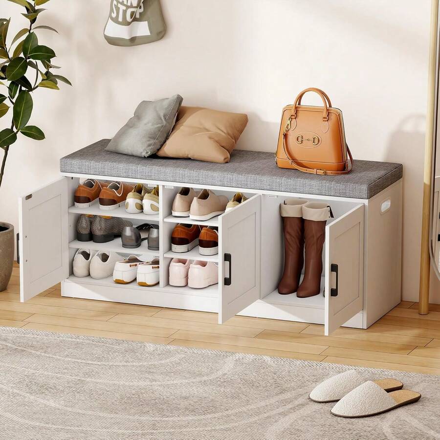 42.5 Inch 3-Tier Shoe Storage Bench With 3 Doors And Adjustable Shelf Large Capacity Entryway Bench With 2-Inch Thickened Padded Cushion For Hallway Bedroom White - 1 - View 1