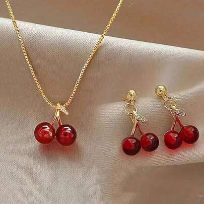 3 Pieces/Set Of Cherry Earrings And Necklaces, Unique Teen Jewelry Design Gift, Suitable For Valentine's Day, Girlfriend, Mother's Day