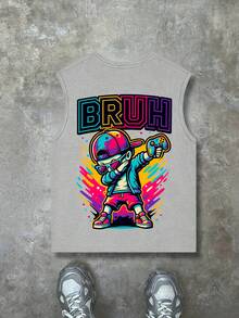 青少年男孩「BRUH」遊戲圖案背心，柔軟舒適夏季休閒無袖上衣 - 灰色 - 查看 3