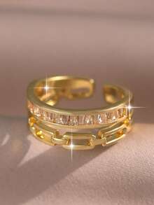 jealous young 1 chiếc nhẫn nữ mạ vàng hai lớp tinh tế, hình mắt xích và đính đá Cubic Zirconia hình chữ nhật, trang sức tối giản có thể điều chỉnh kích thước, phù hợp cho đeo hàng ngày, đi làm và dự tiệc. - Vàng - Xem 10