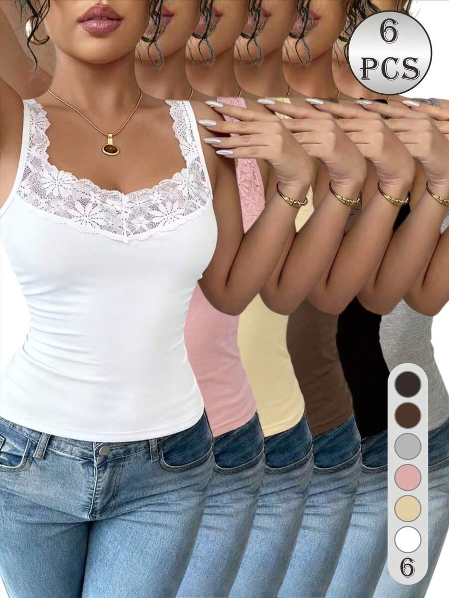 6pcs/Set Lace Camisole Tank Top, Breathable Solid Color Women's Lingerie Innerwear Outerwear, Fashionable Elegant Sexy Sleeveless Fitted T-Shirt, All Season Sports Yoga Wear - Multicolor - View 1