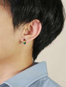 1pc Minimalist Stainless Steel Rainbow Hoop Earring, Black Color Unisex Jewelry, Pride Month - Multicolor - View 2